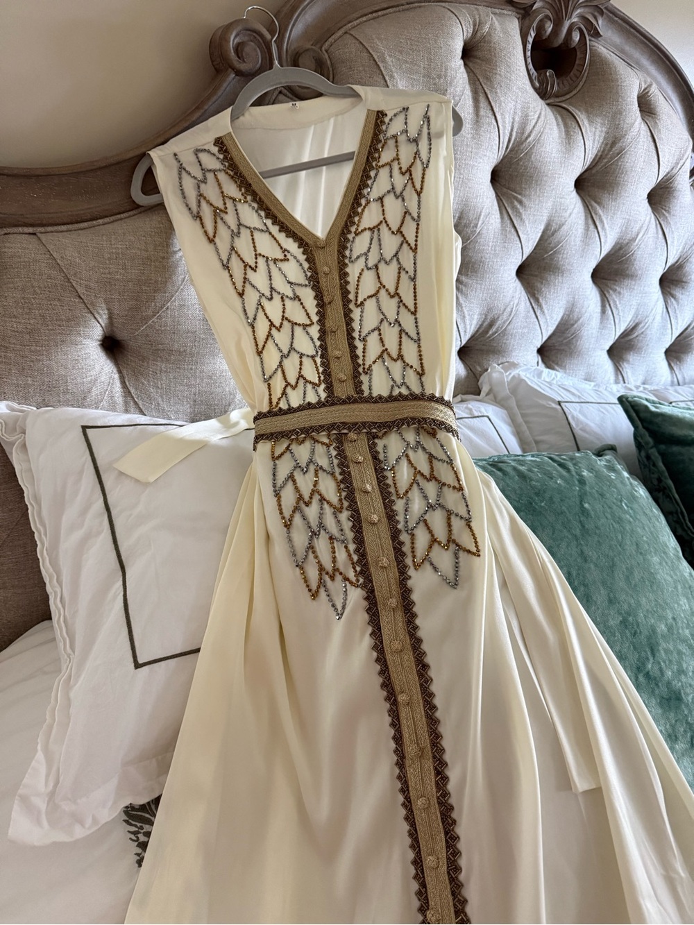 Ivory Embellished V-Neck Maxi Dress with Gold Beaded Trim
